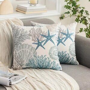 SET of 2 - Coastal Decor Pillow Cases- 18" x 18" - Seashells Corals Starfish